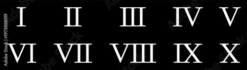Roman Numerals Set I to X White Isolated on Black Background. Traditional Numbers for Design and Learning.