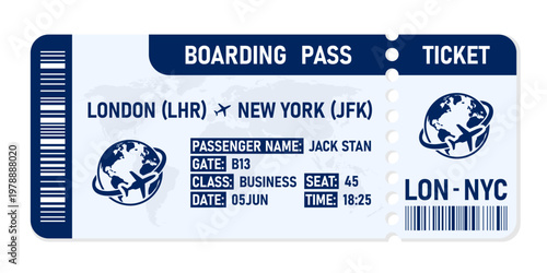 Boarding Pass Airline Ticket from London to New York. Flight Information with Passenger Details Vector.