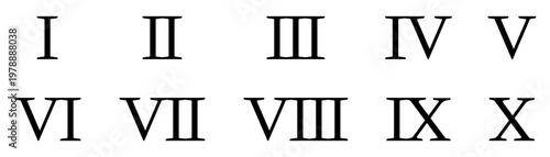 Roman Numerals Set I to X Black Isolated on White Background. Traditional Numbers for Design and Learning.