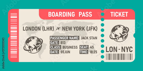 Modern flat design airplane boarding pass for London to New York flight.