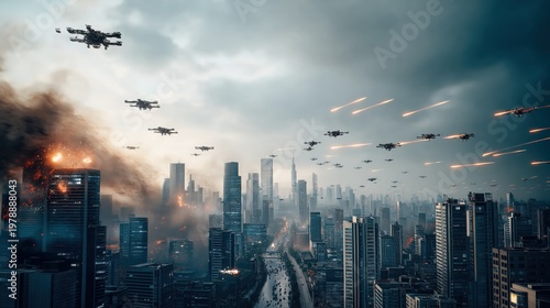 Futuristic aerial battle above a cyberpunk megacity with drone swarms, AI combat units and ground command operations amid neon-lit destruction.