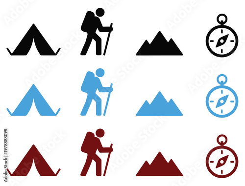 Senior hiker with trekking poles navigating mountain trail signs and time icons flat design