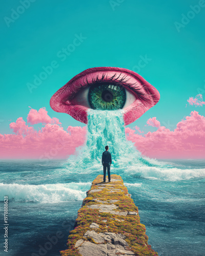Giant eye above ocean with waterfall surreal silliness scene
