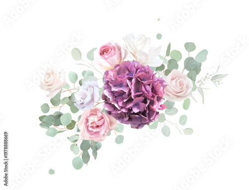 Muted purple hygrangea, white magnolia, blush roses, tulips, carnation, eucalyptus, sage greenery vector design spring bouquet. Floral summer watercolor wedding. Elements are isolated and editable