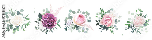 Muted purple hygrangea, white and blush roses, tulip, carnation, eucalyptus, sage greenery vector design spring bouquets. Floral summer watercolor wedding. Elements are isolated and editable