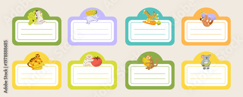 Cute kids name labels set with animals and vegetables. Colorful cartoon stickers for school supplies, nursery and baby products. Fun playful design for tags, badges and packaging.