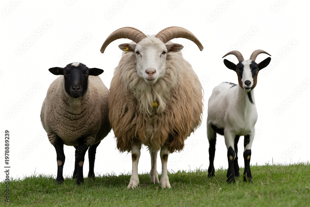Fototapeta premium Three domestic animals, two sheep and one goat, standing together on green grass