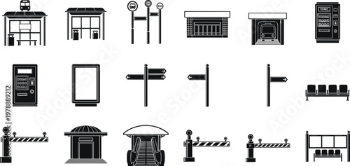 Public Transportation and Station Infrastructure Icon Set with Bus Stops, Ticket Machines, Signposts, and Seating for Urban Transport Systems