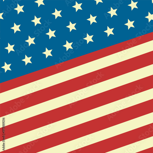 Retro American flag background with stars and diagonal stripes in vintage Americana style. Patriotic 4th of July design for Independence Day celebration. Vector illustration