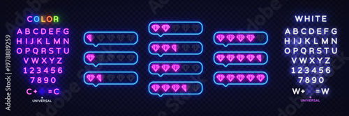 Neon diamond rating bubbles glowing in bright colors. Luxury feedback icons showing different value levels on dark brick wall background