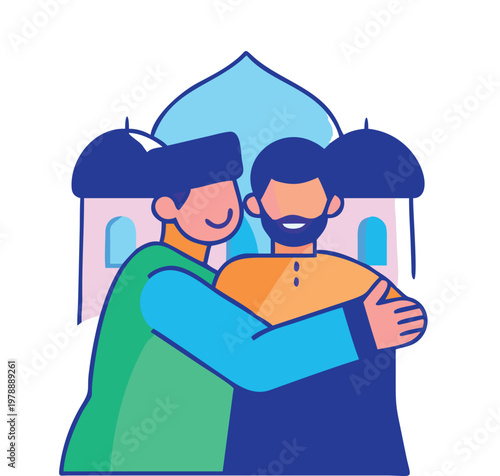 Illustration of a muslim bring lamp and walking to the mosque