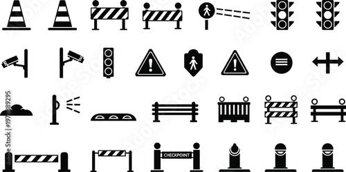 Traffic and Road Safety Icon Set with Barriers, Traffic Lights, Road Signs, and Surveillance for Urban Planning and Transportation Systems