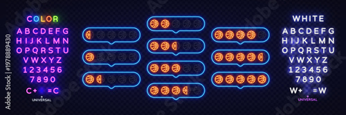 Neon basketball rating bubbles glowing on dark background. Bright sport score indicators with different levels create dynamic game review style
