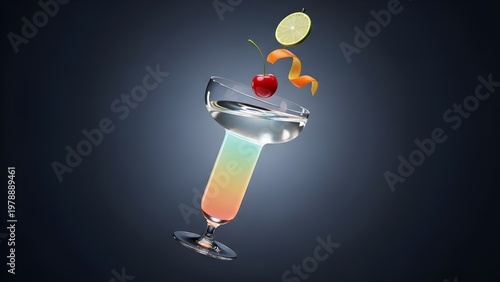 Levitating cocktail glass with cherry lime orange zest gradient drink in surreal luxury studio beverage photography summer refreshment