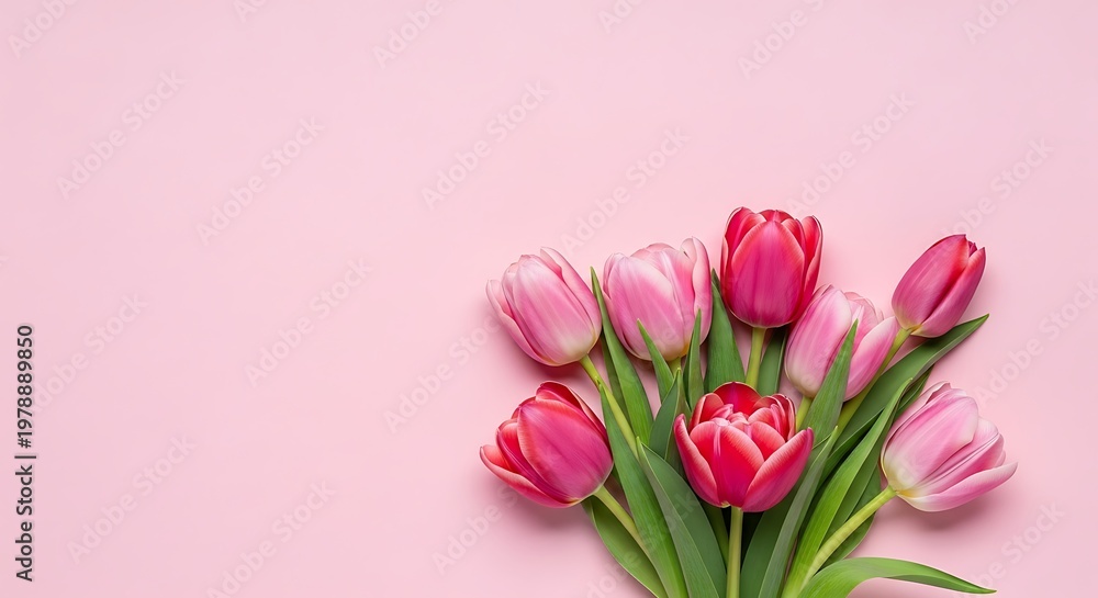 Obraz premium A stunning bouquet of vibrant tulips arranged against a soft pink backdrop, offering a delightful pop of color and natural beauty.
