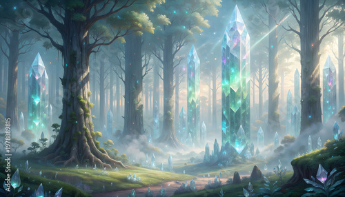 Ancient forest of glowing translucent crystal trees in mist