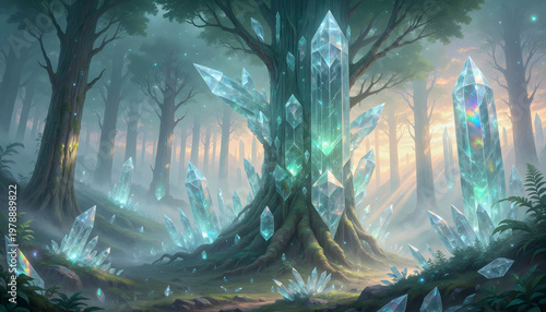 Ancient forest of glowing translucent crystal trees in mist