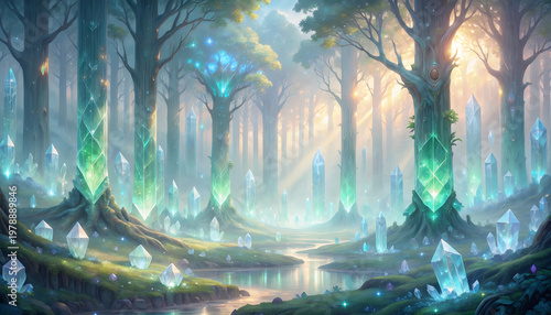 Ancient forest of glowing translucent crystal trees in mist