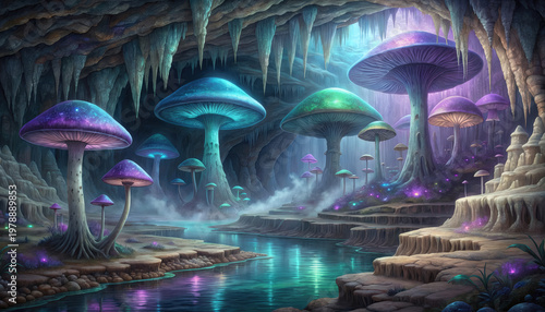 Deep underground cavern with glowing bioluminescent mushrooms