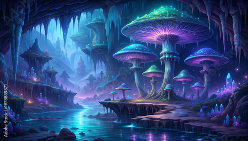 Deep underground cavern with glowing bioluminescent mushrooms