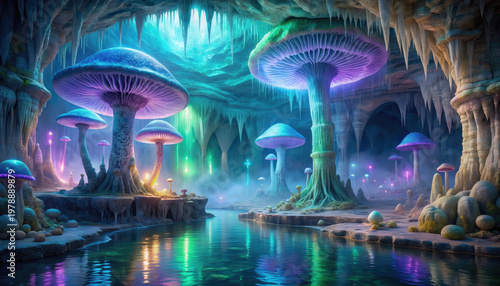 Deep underground cavern with glowing bioluminescent mushrooms