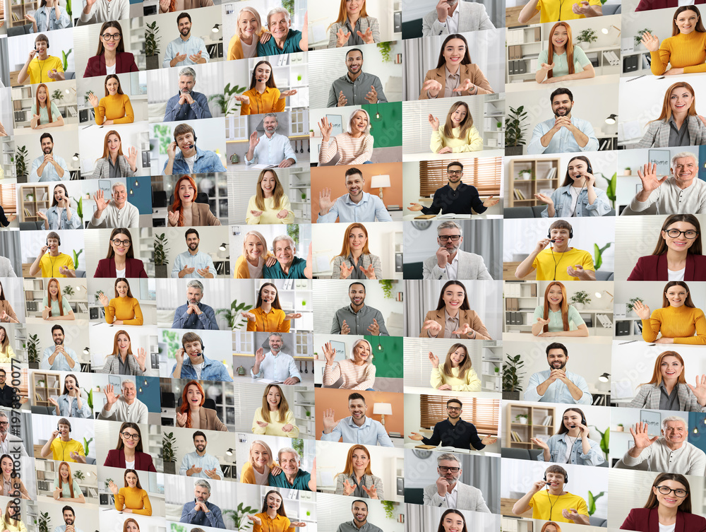 Obraz premium Group video chat. Many people during online meeting, web camera view