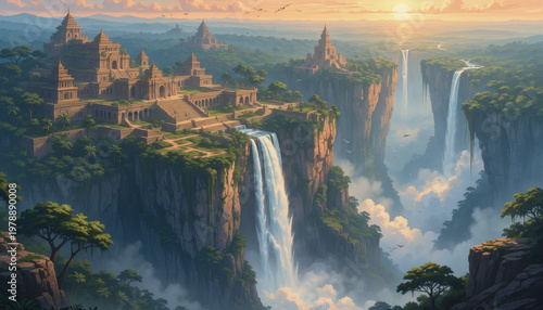 Ancient cliff city with massive waterfalls and lush jungle