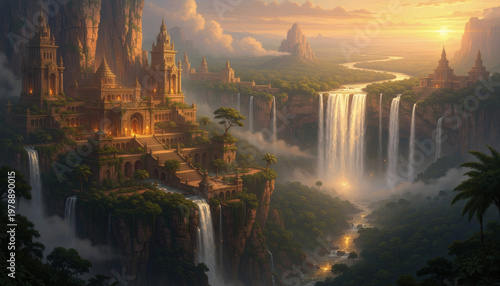 Ancient cliff city with massive waterfalls and lush jungle