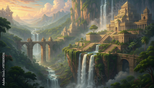 Ancient cliff city with massive waterfalls and lush jungle