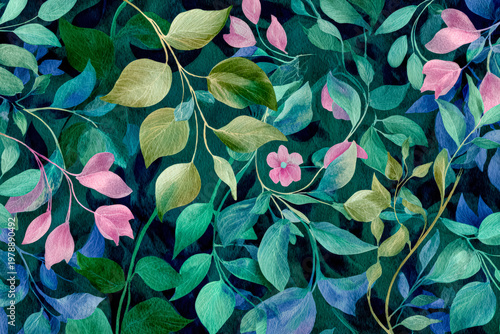 Vibrant Botanical Pattern with Colorful Leaves and Flowers