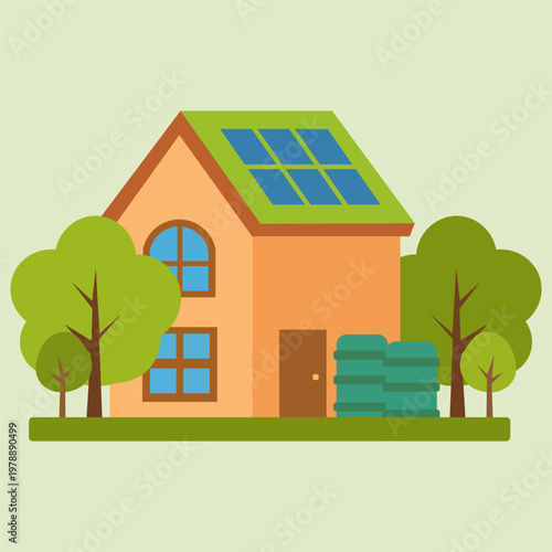Eco-friendly house with solar panels and green surroundings for sustainable living
