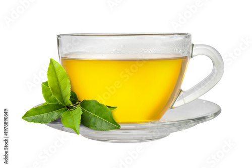 Tea in glass cup and green leaves on transparent background, png