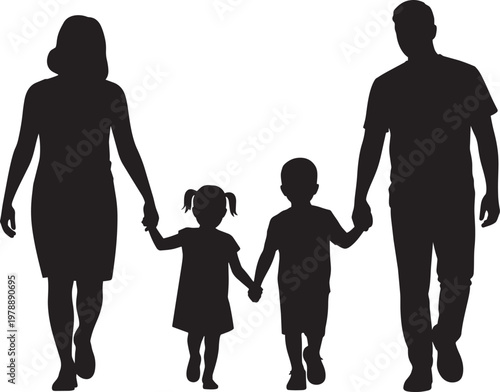 Family silhouette holding hands, walking together with two children, father, mother, son