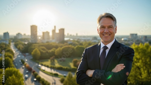 A man in a business suit and tie standing confidently in the cityscape during sunset. He is looking directly into the camera with a smile, suggesting professionalism and positivity.