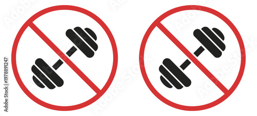 No exercise icon set, physical activity prohibition symbols, workout forbidden graphics, no fitness training signs, restricted zone warnings, medical recovery safety icons