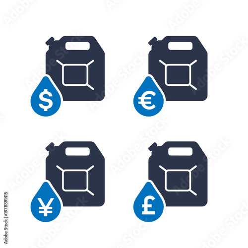 Icon of a fuel can with a drop of fuel and a currency symbol, a concept symbolizing the cost of fuel