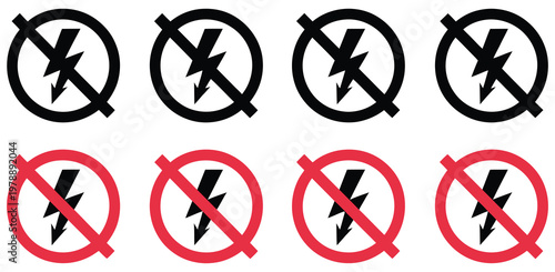 Electricity prohibition icon pack, no lightning signs, power failure and blackout symbols, high voltage warning graphics,