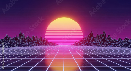 Synthwave Landscape with a Glowing Sun and Grid Surface a Digital Art Piece Evoking Nostalgia for the 1980s with a Futuristic Touch and Geometric Mountain Range