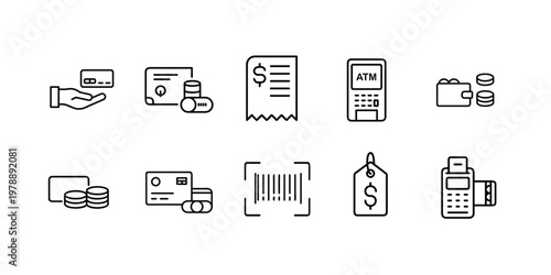 Business and finance line icons set featuring credit card, atm machine, payment receipt, wallet, barcode scanner, price tag, and pos terminal vector illustration with editable stroke.