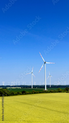 Modern wind turbines generating electricity in green field. Group of wind turbines for renewable energy production standing in a cultivated field under a cloudless blue sky.