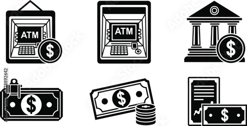 Black and white icons representing banking money and financial transactions