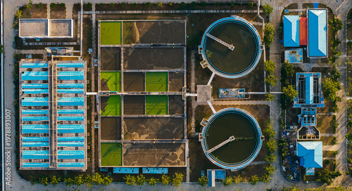 Canvas Print Aerial view Wastewater treatment plant processing water in industrial complex