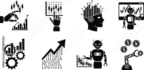 Artificial intelligence and financial data analysis icon set