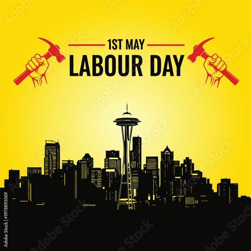 Labour day celebration in seattle hammers skyline and festive greetings