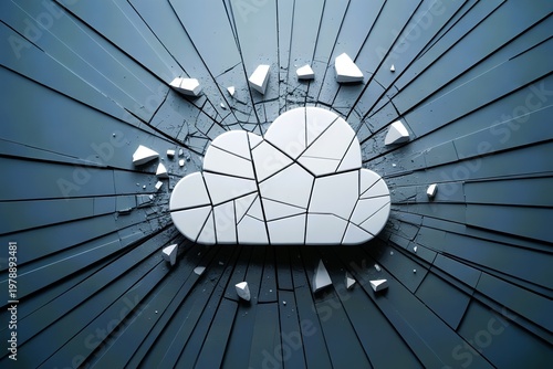 cracked broken cloud icon shattering. Cloud service failure outage