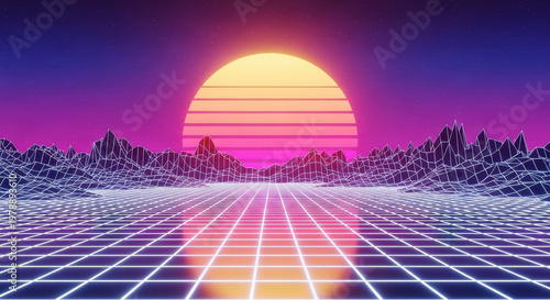 Synthwave Landscape with a Retro Sun, Wireframe Mountains, and a Glowing Grid, Creating a Nostalgic and Futuristic Aesthetic for Digital Art