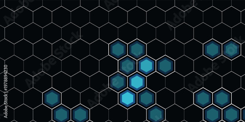Futuristic abstract blue background featuring glowing hexagonal grid pattern and connected dots. Digital technology concept with geometric honeycomb structure