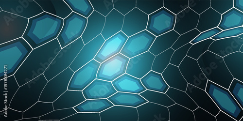 Futuristic abstract blue background featuring glowing hexagonal grid pattern and connected dots. Digital technology concept with geometric honeycomb structure