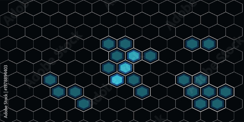 Futuristic abstract blue background featuring glowing hexagonal grid pattern and connected dots. Digital technology concept with geometric honeycomb structure
