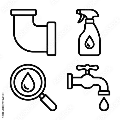 Water icons: pipe spray bottle magnifying glass with drop faucet plumbing cleaning magnifying illustration inspection research discovery household